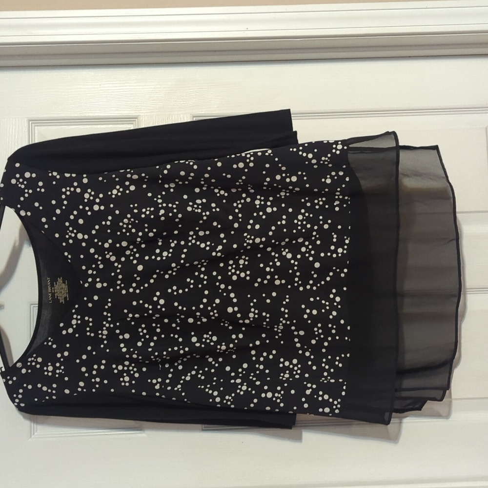 Lane Bryant 14/16 Polka Dot Top 3/4 Sleeve Sheer High Low Hem Black 476‎
